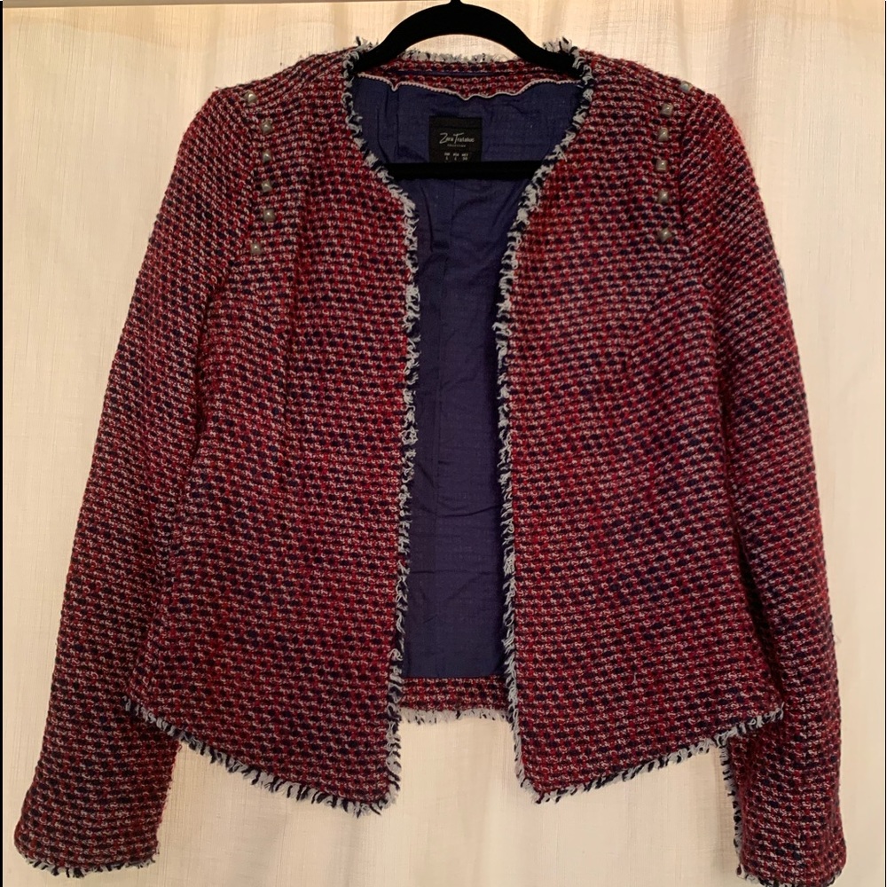 Zara Red Tweed Jacket w/Studs Detail
